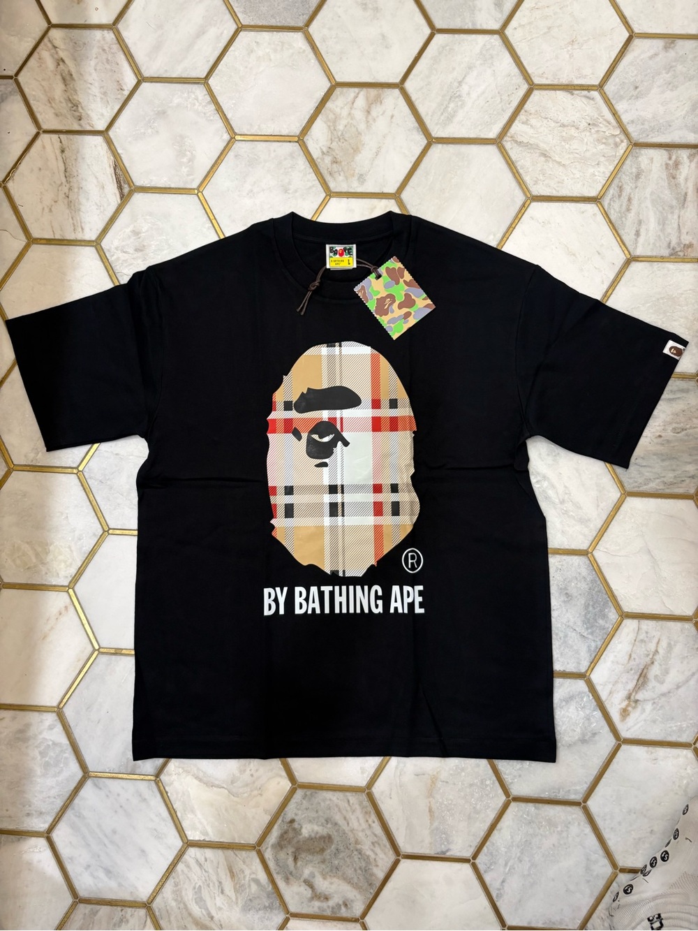 Bape Black Tee with Beige Plaid Ape Logo
